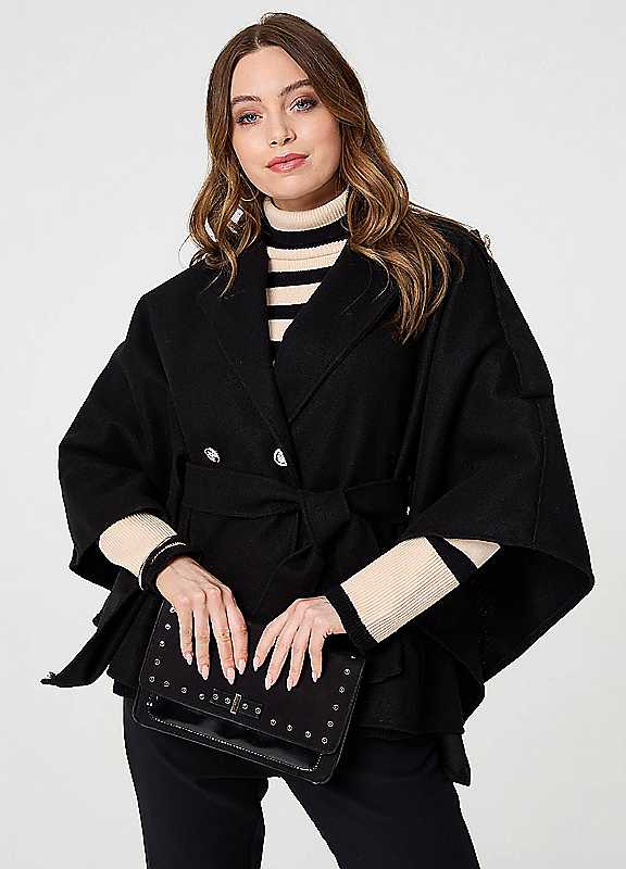 Izabel London Black Cape Coat With Belt