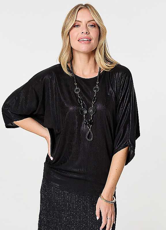Izabel London Black Metallic Threequarter Batwing Sleeve Top Medium