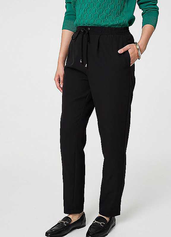 Izabel London Black Plain Drawstring Waist Slim Trousers Size 12