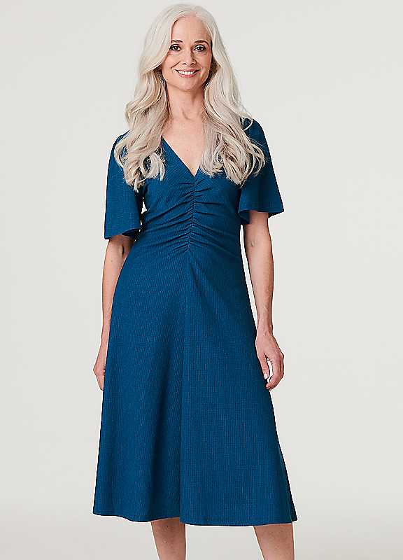 Izabel London Blue Plain Ruched Front Midi Dress Size 12