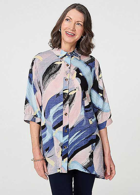 Izabel London Blue Multi Brushstroke Print Collared Relaxed Shirt Small