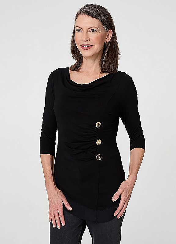 Izabel London Black Button Detail Ruched Threequarter Sleeve Top