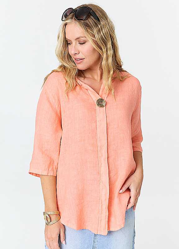 Izabel London Women's Coral Button Front 3/4 Sleeve Relaxed Blouse In | Size: 10 - Image 2