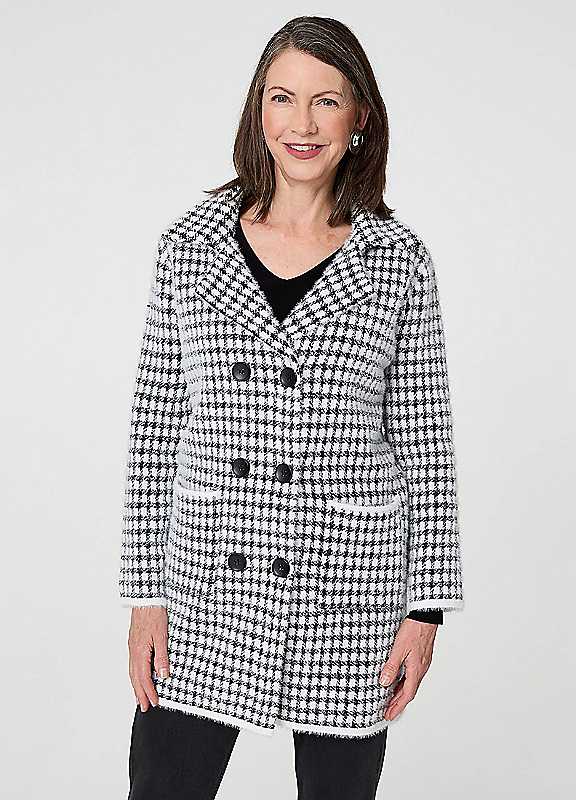 Izabel London Black Multi Check Double Breasted Longline Coat