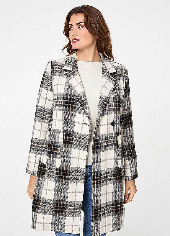 Izabel London Beige Multi Checked Double Breasted Longline Coat