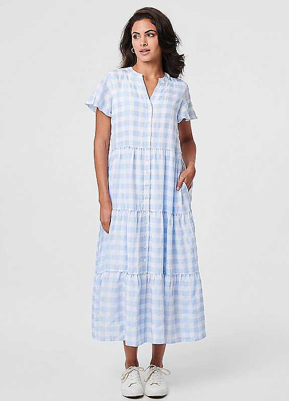 Izabel London Blue Checked Short Sleeve Tiered Maxi Dress