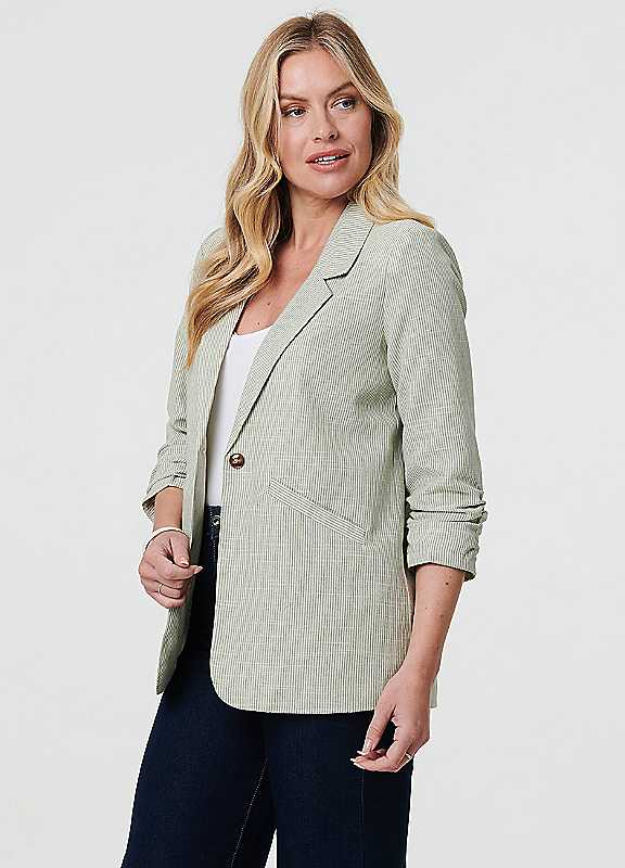 Izabel London Green Checked Threequarter Sleeve Button Front Blazer Size 12