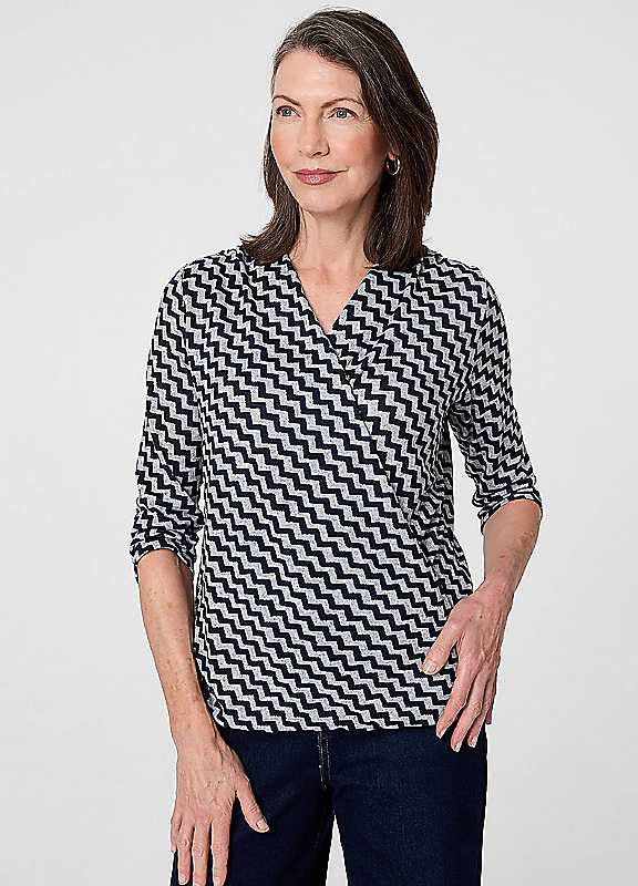 Izabel London Navy Chevron Print Threequarter Sleeve Wrap Front Top