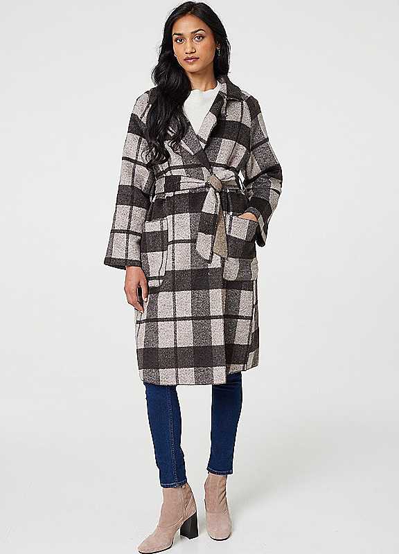 Izabel London Chocolate Checked Longline Coat With Belt 12/14