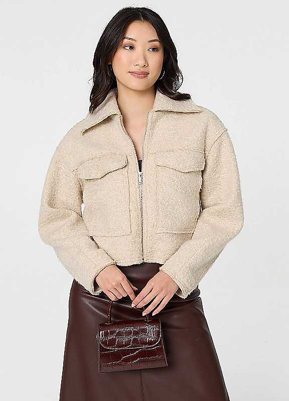 Izabel London Beige Collared Pocket Front Cropped Jacket