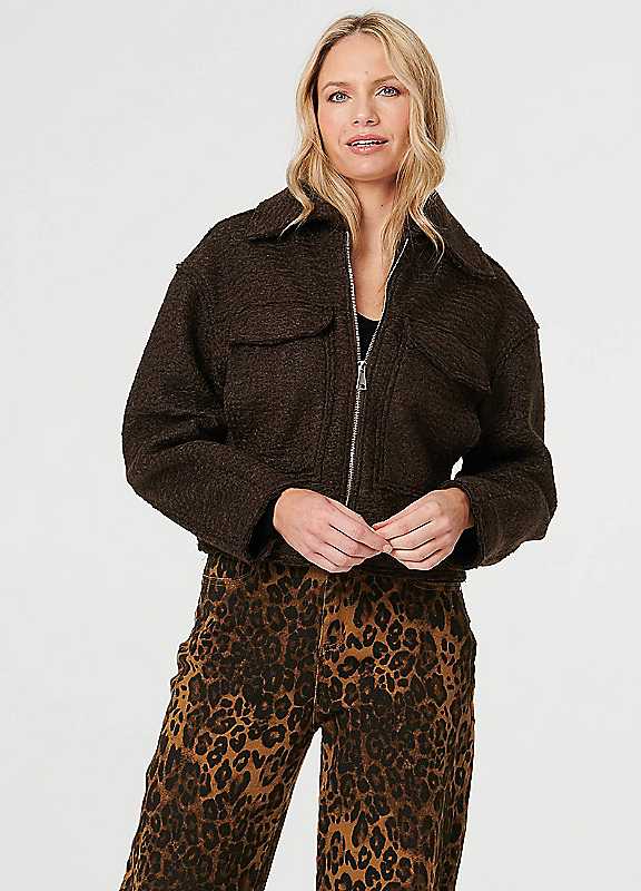 Izabel London Brown Collared Pocket Front Cropped Jacket