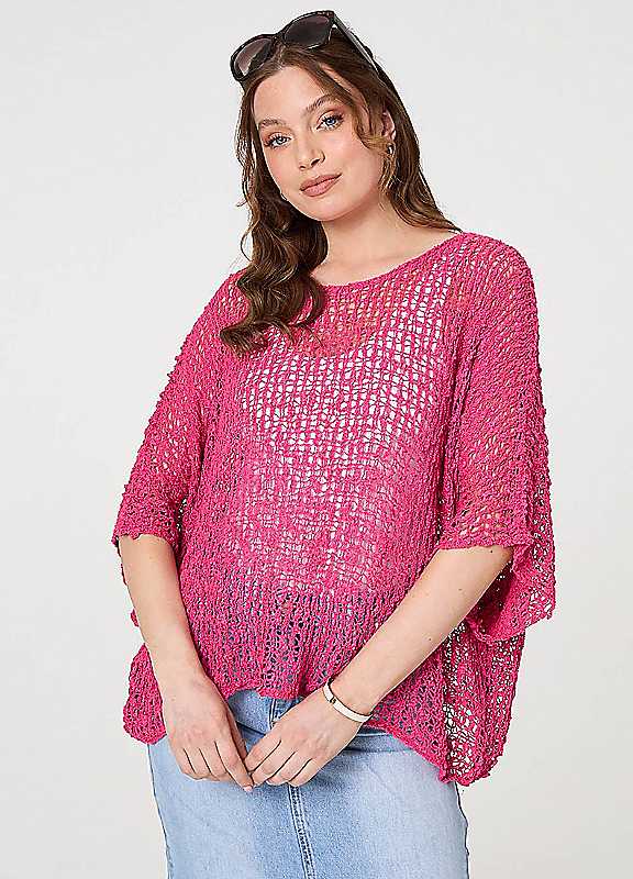 Izabel London Pink Crochet Knit Texture Batwing Sleeve Top