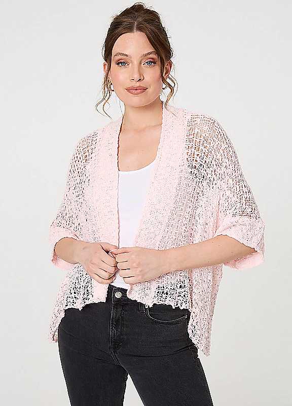 Izabel London Pink Crochet Knit Texture Waterfall Cardigan