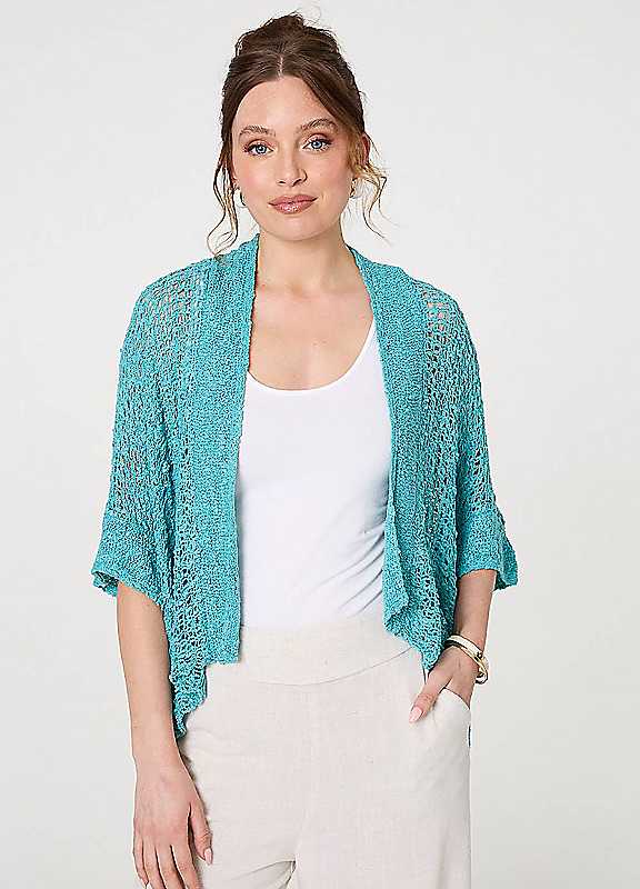 Izabel London Turquoise Crochet Knit Texture Waterfall Cardigan