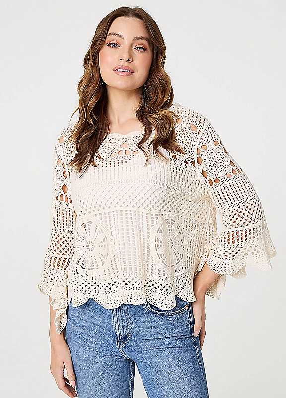Izabel London Cream Crochet Lace Threequarter Sleeve Top Medium