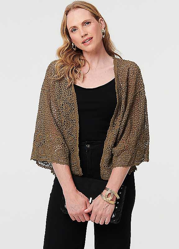 Izabel London Women's Green Crochet Textured Open Front Cardigan In | Size: Small/Medium - Image 7
