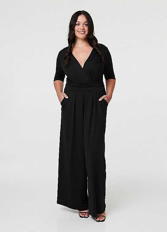 Izabel London Women's Curve 1/2 Sleeve Wrap Wide Leg Jumpsuit in Black | Size: 26 - Image 2