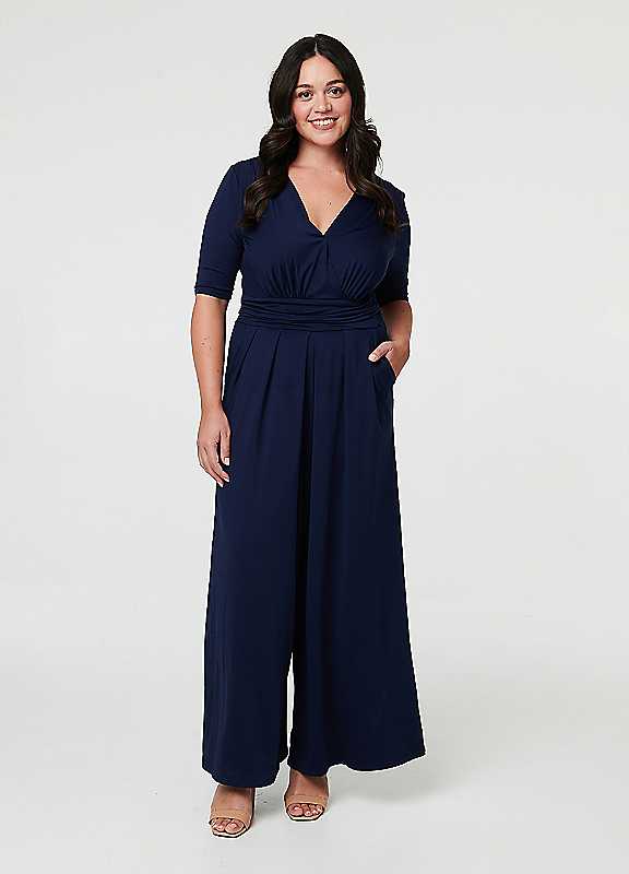 Izabel London Women's Navy Curve 1/2 Sleeve Wrap Wide Leg Jumpsuit In | Size: 26 - Image 2