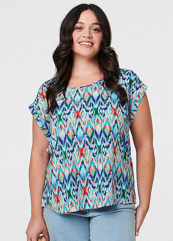 Izabel London Women's Blue Curve Printed Cap Sleeve Relaxed Blouse In | Size: 20 - Image 3