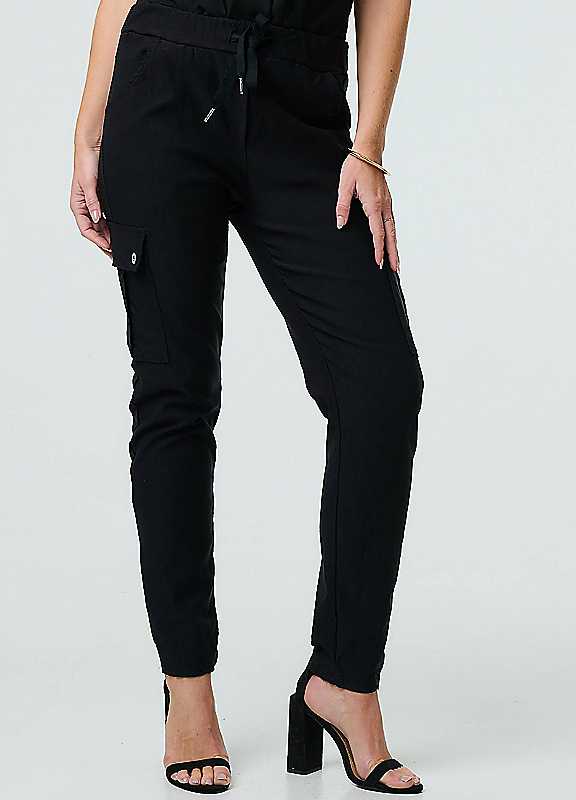 Izabel London Black Drawstring Waist Slim Cargo Trousers Size 8