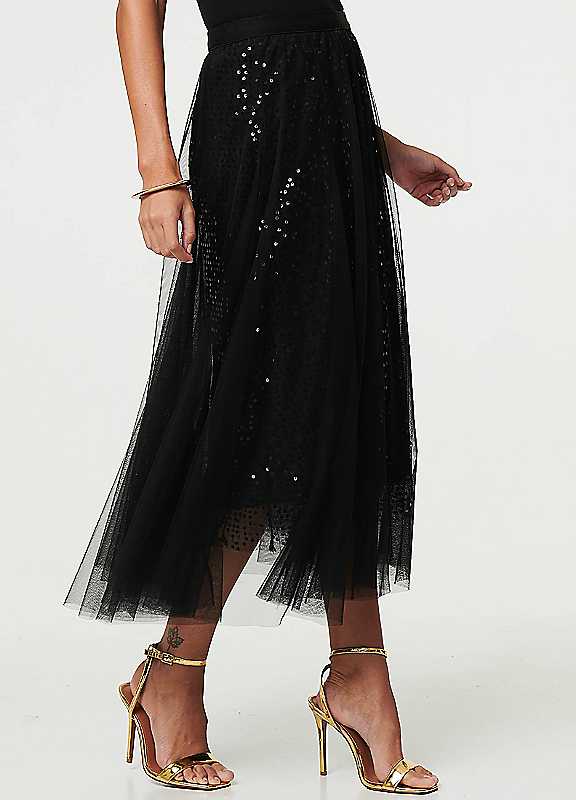 Izabel London Girls Black Embellished Mesh Layer Midi Skirt Medium Kids