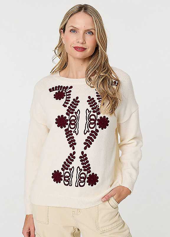 Izabel London Cream Embroidered Print Drop Shoulder Jumper