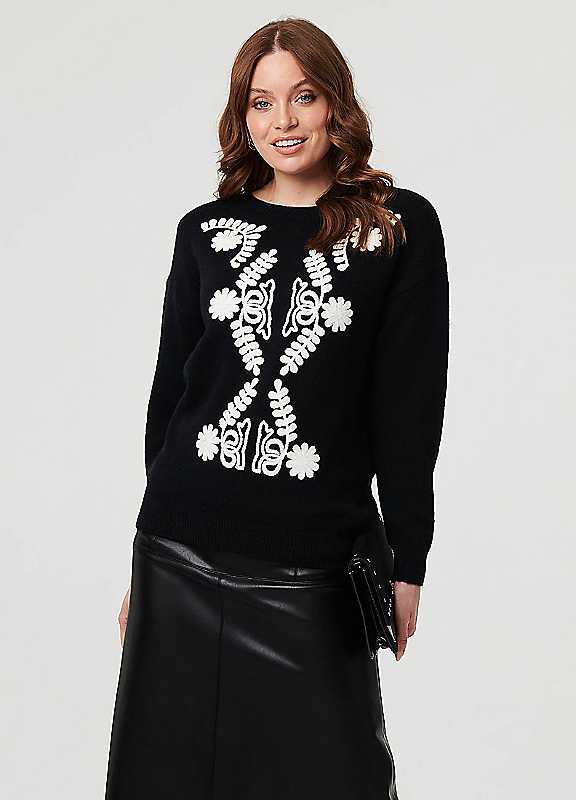 Izabel London Black Embroidered Print Drop Shoulder Jumper
