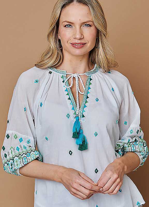 Izabel London Women's White Embroidered Tassel Tie Front Blouse In | Size: 14 - Image 3
