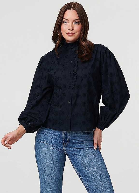 Izabel London Women's Navy Embroidered Texture Long Sleeve Blouse In | Size: 14 - Image 3