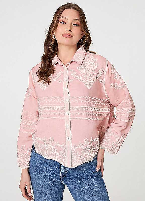 Izabel London Pink Embroidered Texture Long Sleeve Shirt