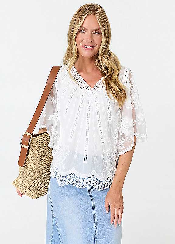 Izabel London Women's White Embroidered Texture 1/2 Sleeve Blouse In | Size: Large - Image 3