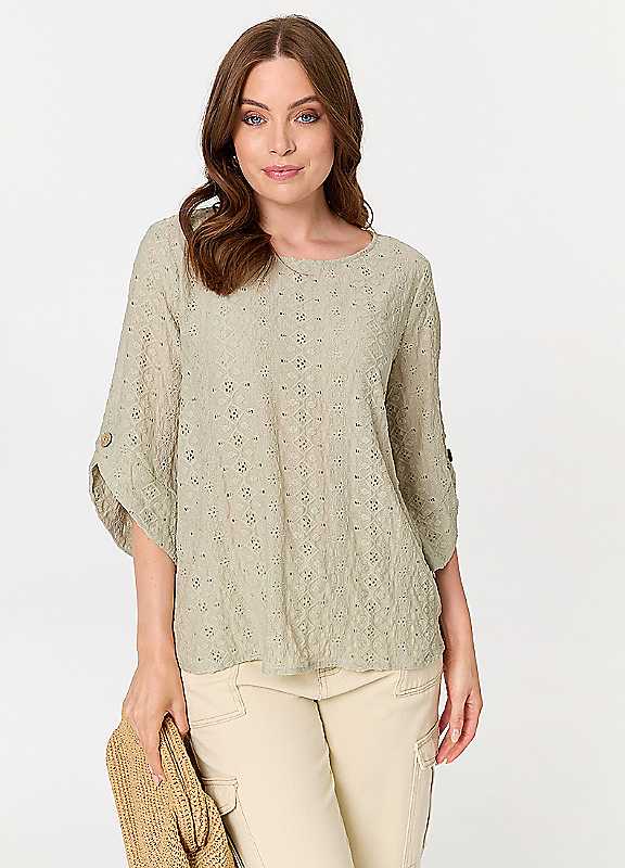 Izabel London Women's Green Embroidered Textured 3/4 Sleeve Blouse In Size 14 - Image 3