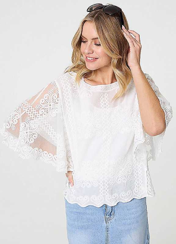 Izabel London White Embroidered Threequarter Sleeve Blouse Large