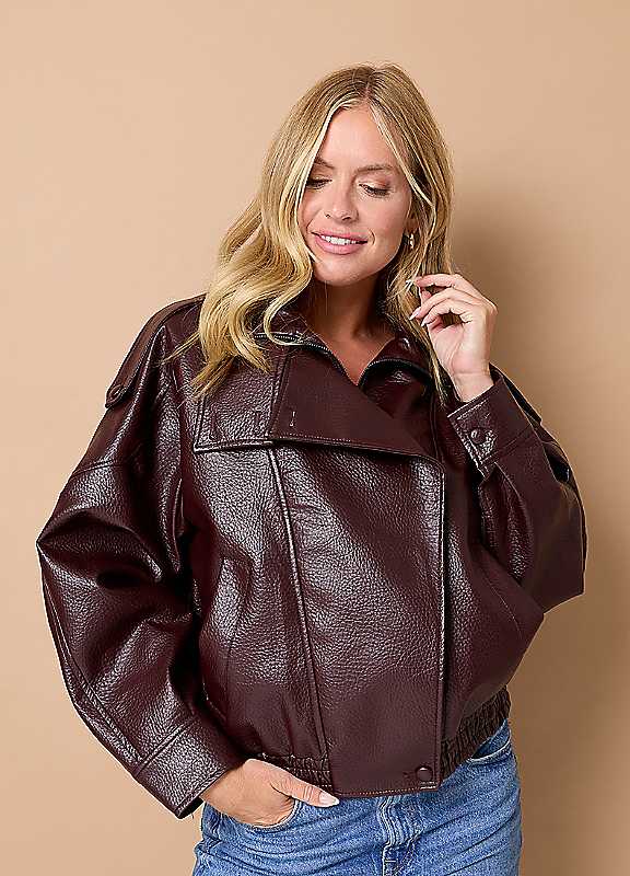 Izabel London Brown High Neck Asymmetric Faux Leather Jacket - 10 - Image 2