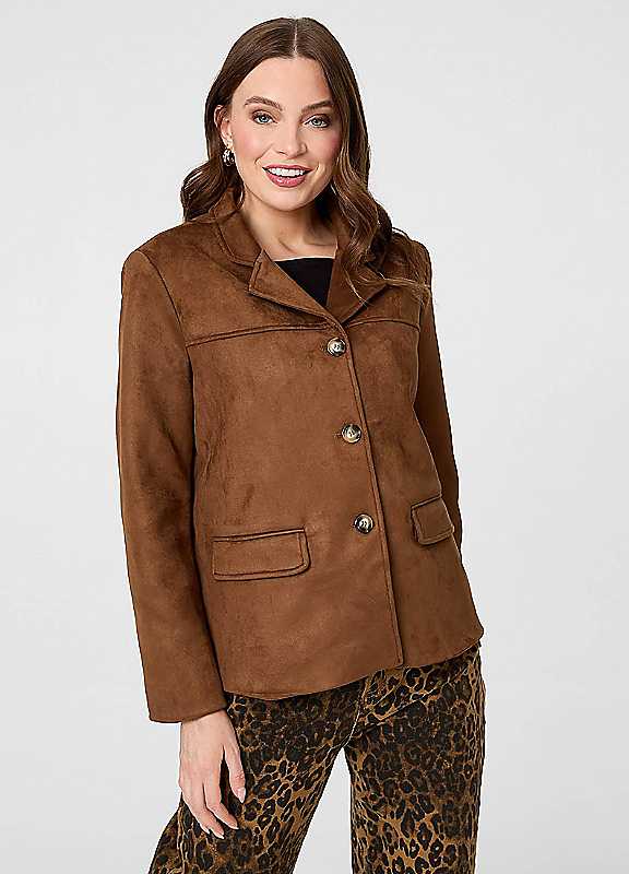 Izabel London Women's Brown Faux Suede Pocket Front Slim Jacket In | Size: 12 - Image 3