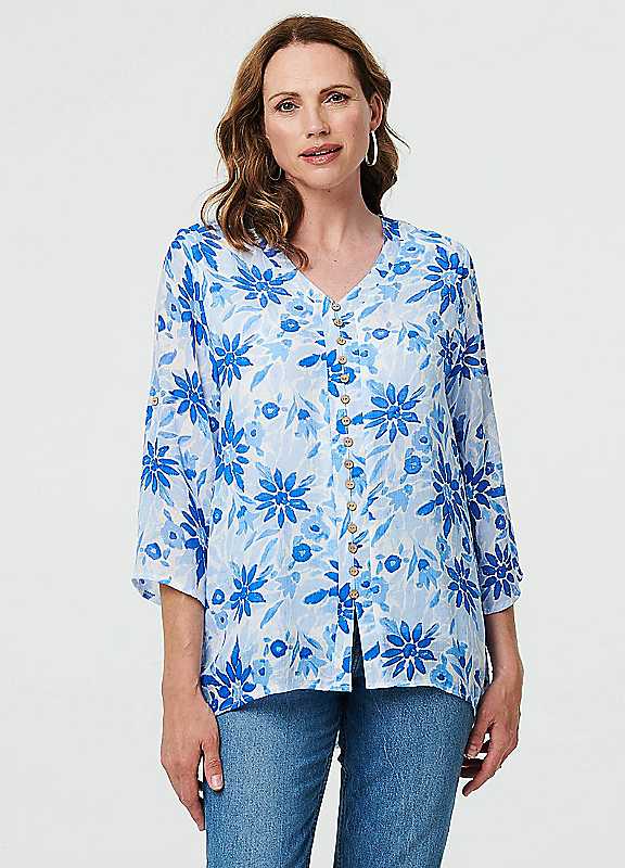 Izabel London Blue Floral Button Front Curve Hem Tunic
