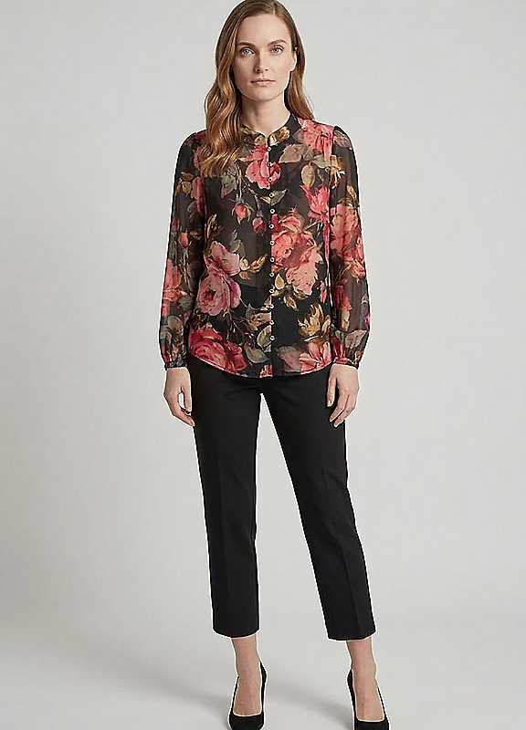 Izabel London Women's Black Floral Long Sleeve Button Front Blouse In | Size: 16 - Image 3