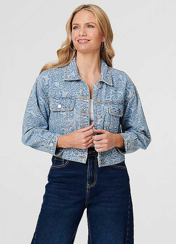 Izabel London Women's Blue Floral Print Cropped Denim Jacket In | : Size 8 - Image 3