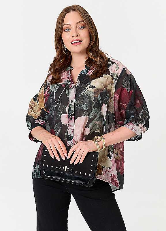 Izabel London Women's Black Floral 3/4 Sleeve Button Back Blouse In | Size: 18 - Image 3