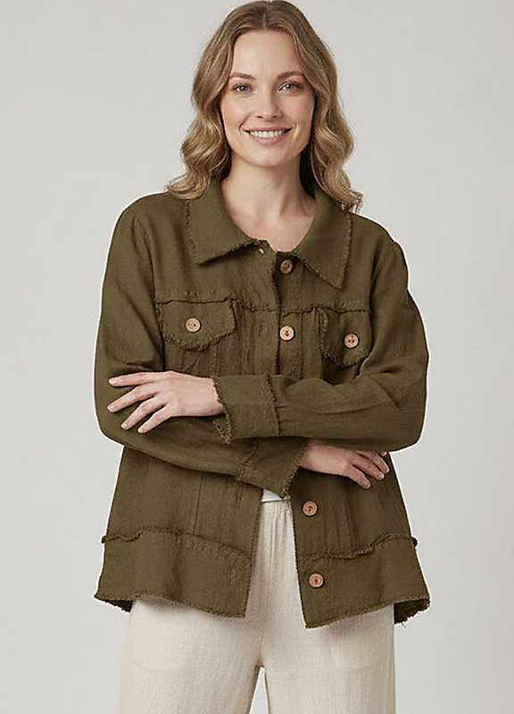 Izabel London Women's Khaki Frayed Hem Button Front Shirt Jacket In | : Size 12 - Image 2