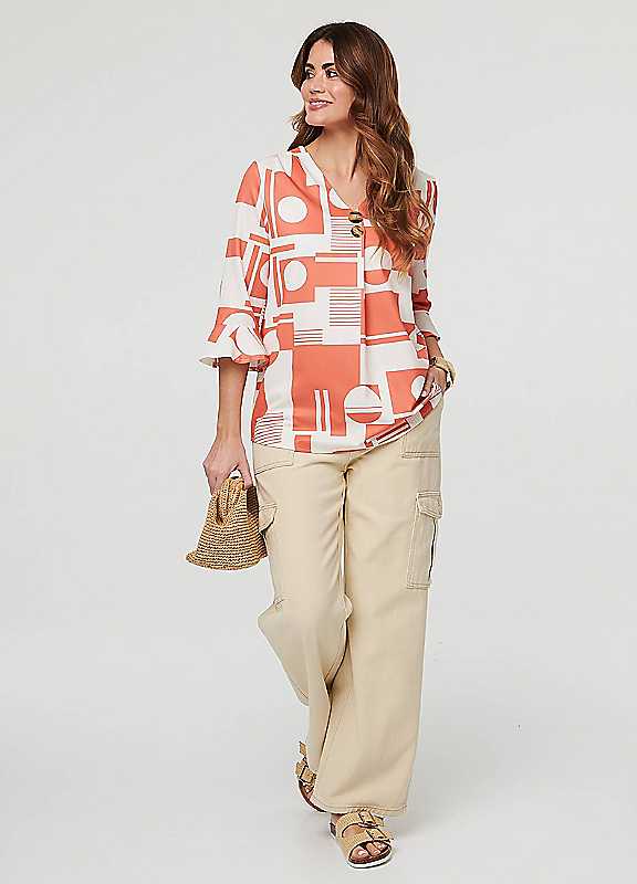 Izabel London Women's Geo Print 3/4 Flared Sleeve Blouse in Orange | Size: 8 - Image 3
