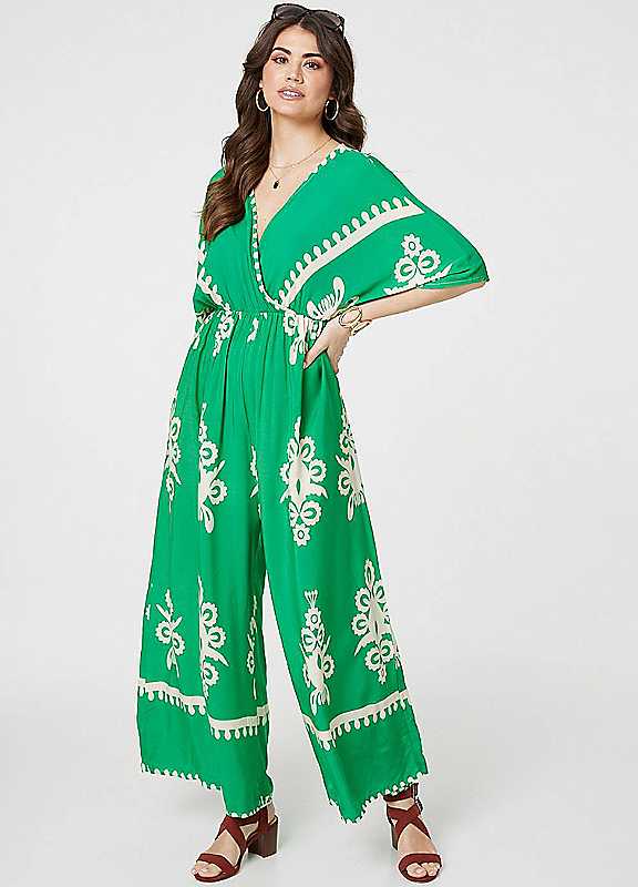 Izabel London Green Printed Threequarter Sleeve Jumpsuit Medium