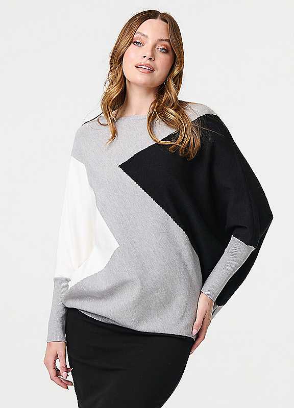 Izabel London Grey Colour Block Oversized Batwing Jumper 8/10