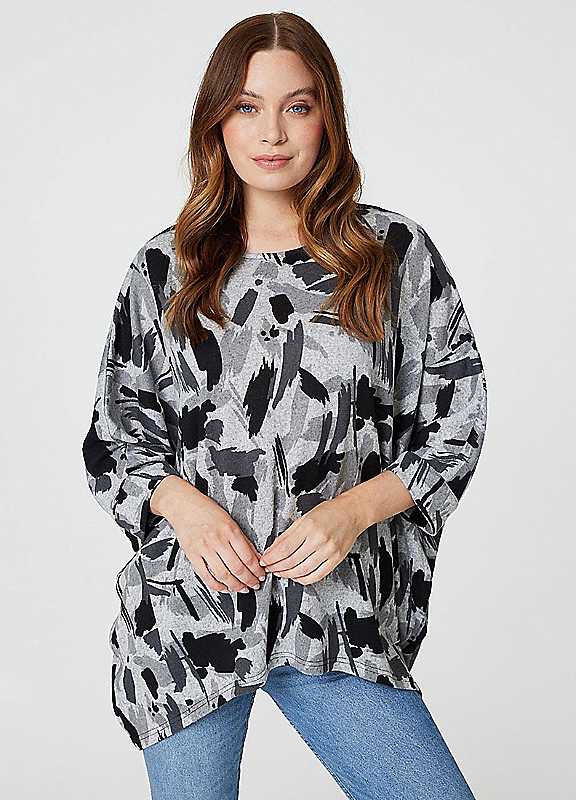 Izabel London Grey Multi Brushstroke Print Oversized Top Size 8