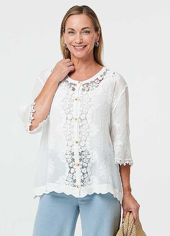 Izabel London Women's Lace Sheer Texture 3/4 Sleeve Blouse in White | Size: Small/Medium - Image 2