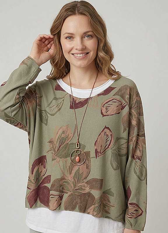 Izabel London Women's Leaf Print Layered Long Sleeve Top in Khaki | Size: 12 - Image 2