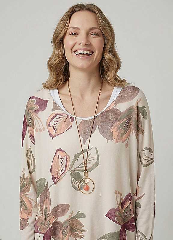 Izabel London Women's Beige Leaf Print Layered Long Sleeve Top In | : Size 14 - Image 2
