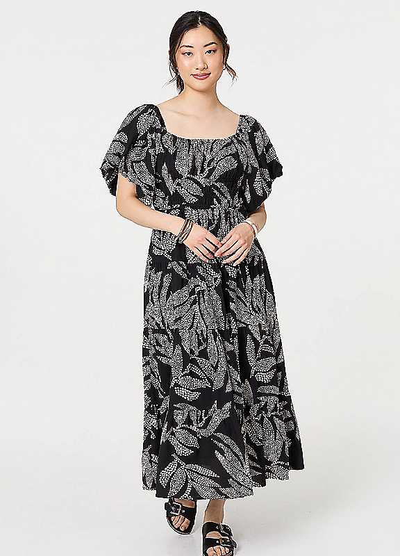 Izabel London Black Multi Leaf Print Puff Midi Dress