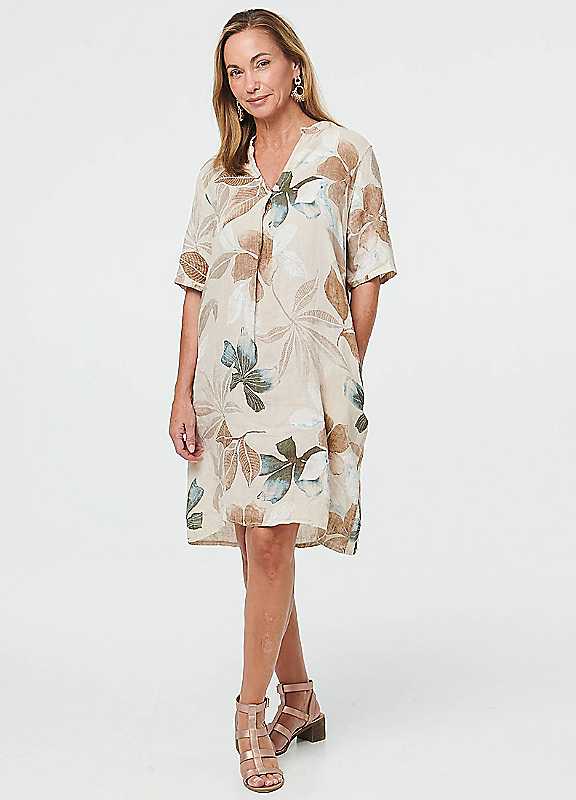 Izabel London Women's Beige Leaf Print Shift Knee Length Dress In | : Size 14 - Image 2