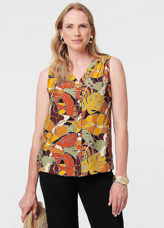 Izabel London Women's Orange Leaf Print Sleeveless Buttoned Vest Top In | Size: 16 - Image 2